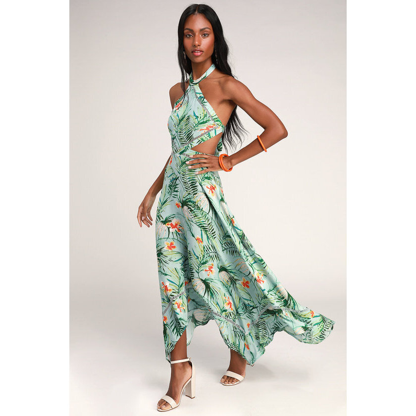 Lulus St Tropez Mint Blue Leaf Print Halter Dress - Size L